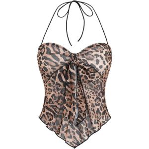 imageSHENHE Womens Floral Lace Halter Backless Tie Front Bow Asymmetrical Crop TopLeopard Print