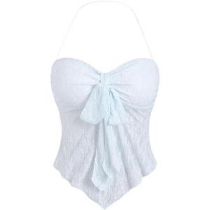 imageSHENHE Womens Floral Lace Halter Backless Tie Front Bow Asymmetrical Crop TopLight Blue