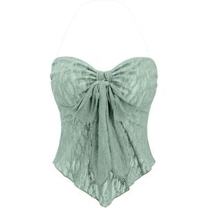 imageSHENHE Womens Floral Lace Halter Backless Tie Front Bow Asymmetrical Crop TopMint Green