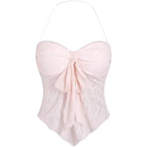 imageSHENHE Womens Floral Lace Halter Backless Tie Front Bow Asymmetrical Crop TopPink