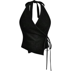 imageSHENHE Womens Halter Neck Denim Wrap Top Side Tie Backless Vintage Jean Top ShirtBlack