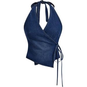 imageSHENHE Womens Halter Neck Denim Wrap Top Side Tie Backless Vintage Jean Top ShirtDark Blue