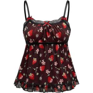 imageSHENHE Womens Lace Trim Cute Strawberry Print Ruffle Hem Babydoll Tank Top CamisoleBlack