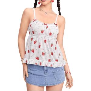 imageSHENHE Womens Lace Trim Cute Strawberry Print Ruffle Hem Babydoll Tank Top CamisoleRed