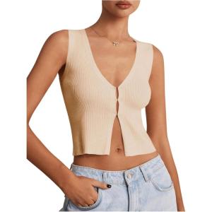 imageSHENHE Womens Sleeveless Knitted V Neck Sweater Tank Split Hem Cropped Vest CardiganApricot