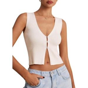 imageSHENHE Womens Sleeveless Knitted V Neck Sweater Tank Split Hem Cropped Vest CardiganBeige