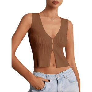imageSHENHE Womens Sleeveless Knitted V Neck Sweater Tank Split Hem Cropped Vest CardiganBrown
