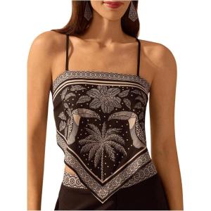 imageSHENHE Womens Tropical Print Bandana Top Tie Back Spaghetti Strap Boho Camisole TopBlack and White
