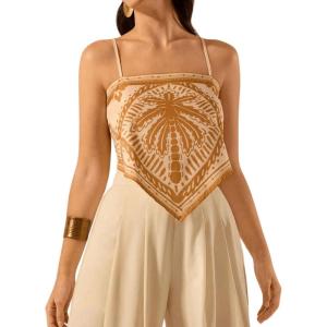 imageSHENHE Womens Tropical Print Bandana Top Tie Back Spaghetti Strap Boho Camisole TopMustard Yellow