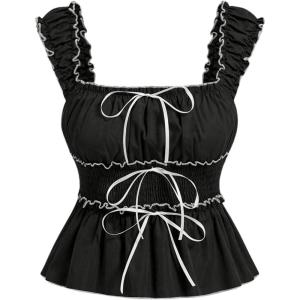 imageSHENHE Womens Y2K Ruffle Tank Top Bow Front Square Neck Backless Ruched Cute Babydoll Going Out Crop TopBlack