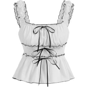 imageSHENHE Womens Y2K Ruffle Tank Top Bow Front Square Neck Backless Ruched Cute Babydoll Going Out Crop TopWhite