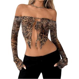 imageSHENHE Womens Y2k Leopard Off Shoulder Open Front Tie Split Long Sleeve Sexy Crop TopBrown