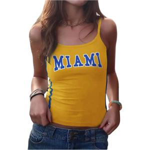 imageSHENHE Womens Y2k Spaghetti Strap Letter Graphic Miami Slim Fit Vintage Crop Tank TopYellow