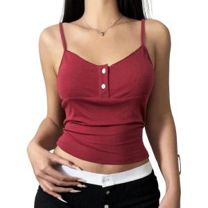 imageSHENHE Womens Y2k Spaghetti Strap Tank Top Button Lace Trim Crop Top Cute Summer CamisoleBurgundy