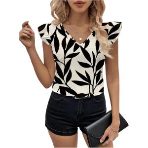 imageSHENHE WomensV Neck Ruffle Cap Sleeve Blouse Tropical Summer Going Out Boho Blouse TopBlack
