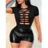 imageSHENHE Womens Cut Out Crew Neck T Shirt Short Sleeve Ripped Fitted Sexy Crop Top TeeBlack
