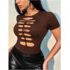 imageSHENHE Womens Cut Out Crew Neck T Shirt Short Sleeve Ripped Fitted Sexy Crop Top TeeChocolate Brown