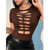 imageSHENHE Womens Cut Out Crew Neck T Shirt Short Sleeve Ripped Fitted Sexy Crop Top TeeChocolate Brown