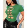 imageSHENHE Womens Cut Out Crew Neck T Shirt Short Sleeve Ripped Fitted Sexy Crop Top TeeGreen