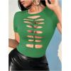 imageSHENHE Womens Cut Out Crew Neck T Shirt Short Sleeve Ripped Fitted Sexy Crop Top TeeGreen