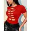 imageSHENHE Womens Cut Out Crew Neck T Shirt Short Sleeve Ripped Fitted Sexy Crop Top TeeRed