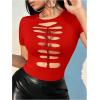 imageSHENHE Womens Cut Out Crew Neck T Shirt Short Sleeve Ripped Fitted Sexy Crop Top TeeRed