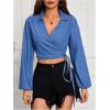imageSHENHE Womens Denim Wrap Top Long Lantern Sleeve V Neck Dressy Tie Crop Blouse ShirtMedium Wash
