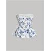 imageSHENHE Womens Floral Print Ruffle Hem Top Strapless Ruched Smocked Cute Peplum TopBlue