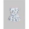 imageSHENHE Womens Floral Print Ruffle Hem Top Strapless Ruched Smocked Cute Peplum TopBlue