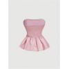 imageSHENHE Womens Floral Print Ruffle Hem Top Strapless Ruched Smocked Cute Peplum TopLight Pink