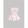 imageSHENHE Womens Floral Print Ruffle Hem Top Strapless Ruched Smocked Cute Peplum TopPink