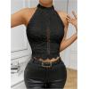 imageSHENHE Womens Sexy Halter Floral Lace Top Backless Hollow Out Elegant Dressy Crop Top BlouseBlack