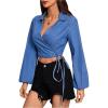 imageSHENHE Womens Denim Wrap Top Long Lantern Sleeve V Neck Dressy Tie Crop Blouse ShirtMedium Wash