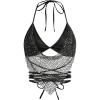 imageSHENHE Womens Sparkly Sequin Mesh Halter Top Open Back Sheer Sexy Party Rave Crop TopBlack