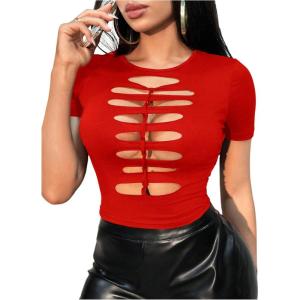 imageSHENHE Womens Cut Out Crew Neck T Shirt Short Sleeve Ripped Fitted Sexy Crop Top TeeRed