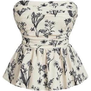 imageSHENHE Womens Floral Print Ruffle Hem Top Strapless Ruched Smocked Cute Peplum TopApricot