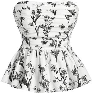 imageSHENHE Womens Floral Print Ruffle Hem Top Strapless Ruched Smocked Cute Peplum TopBlack
