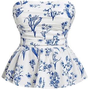 imageSHENHE Womens Floral Print Ruffle Hem Top Strapless Ruched Smocked Cute Peplum TopBlue