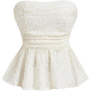 imageSHENHE Womens Floral Print Ruffle Hem Top Strapless Ruched Smocked Cute Peplum TopLight Apricot