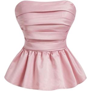 imageSHENHE Womens Floral Print Ruffle Hem Top Strapless Ruched Smocked Cute Peplum TopLight Pink