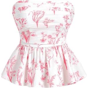 imageSHENHE Womens Floral Print Ruffle Hem Top Strapless Ruched Smocked Cute Peplum TopPink