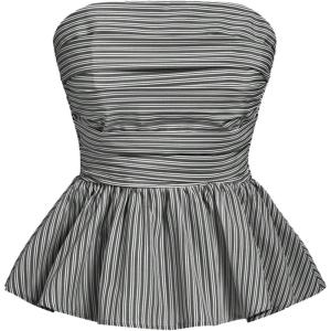 imageSHENHE Womens Floral Print Ruffle Hem Top Strapless Ruched Smocked Cute Peplum TopStriped Black