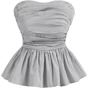 imageSHENHE Womens Floral Print Ruffle Hem Top Strapless Ruched Smocked Cute Peplum TopStriped Black White