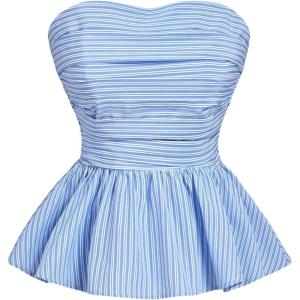 imageSHENHE Womens Floral Print Ruffle Hem Top Strapless Ruched Smocked Cute Peplum TopStriped Blue White