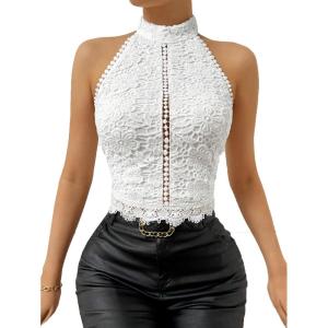 imageSHENHE Womens Sexy Halter Floral Lace Top Backless Hollow Out Elegant Dressy Crop Top BlouseWhite
