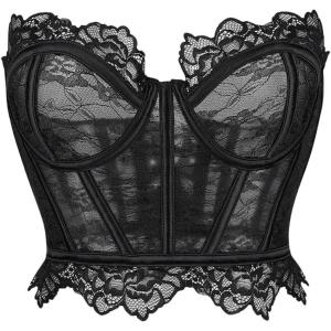 imageSHENHE Womens Sheer Lace Strapless Corset Top Lace Up Back Sexy Y2k Bustier Top TubeBlack