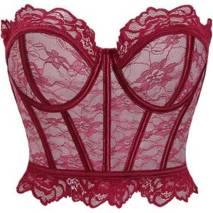 imageSHENHE Womens Sheer Lace Strapless Corset Top Lace Up Back Sexy Y2k Bustier Top TubeBurgundy