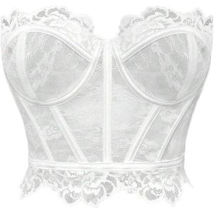 imageSHENHE Womens Sheer Lace Strapless Corset Top Lace Up Back Sexy Y2k Bustier Top TubeWhite