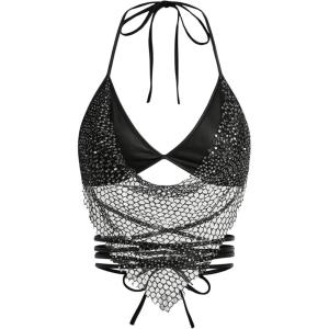 imageSHENHE Womens Sparkly Sequin Mesh Halter Top Open Back Sheer Sexy Party Rave Crop TopBlack