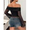 imageSHENHE Womens Glitter Shiny Top Off The Shoulder Bell Long Sleeve Party Night Crop TopBlack